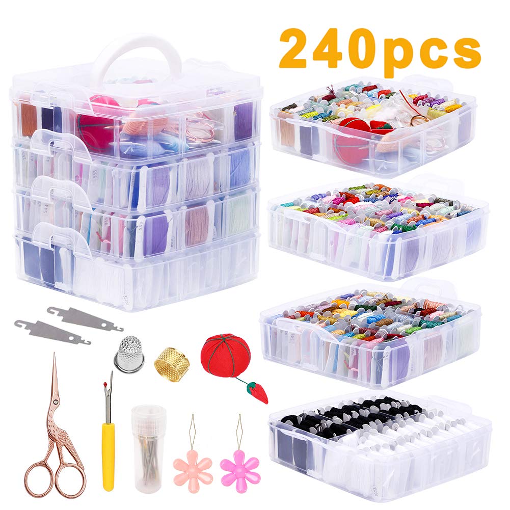 240pcs Cross Stitch Embroidery Floss Tool Kitswith 4-Tier Transparent Organizer Storage Box