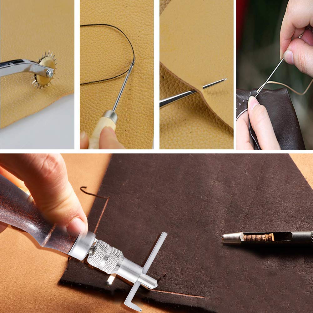 Leather Working Tools Leather Craft Kit and 20 PCS Leather Stamping Tools,  Upholstery Repair Kit with Waxed Thread and Different Shape Saddle for  Carving Leather, Leather Sewing and DIY Craft Making 