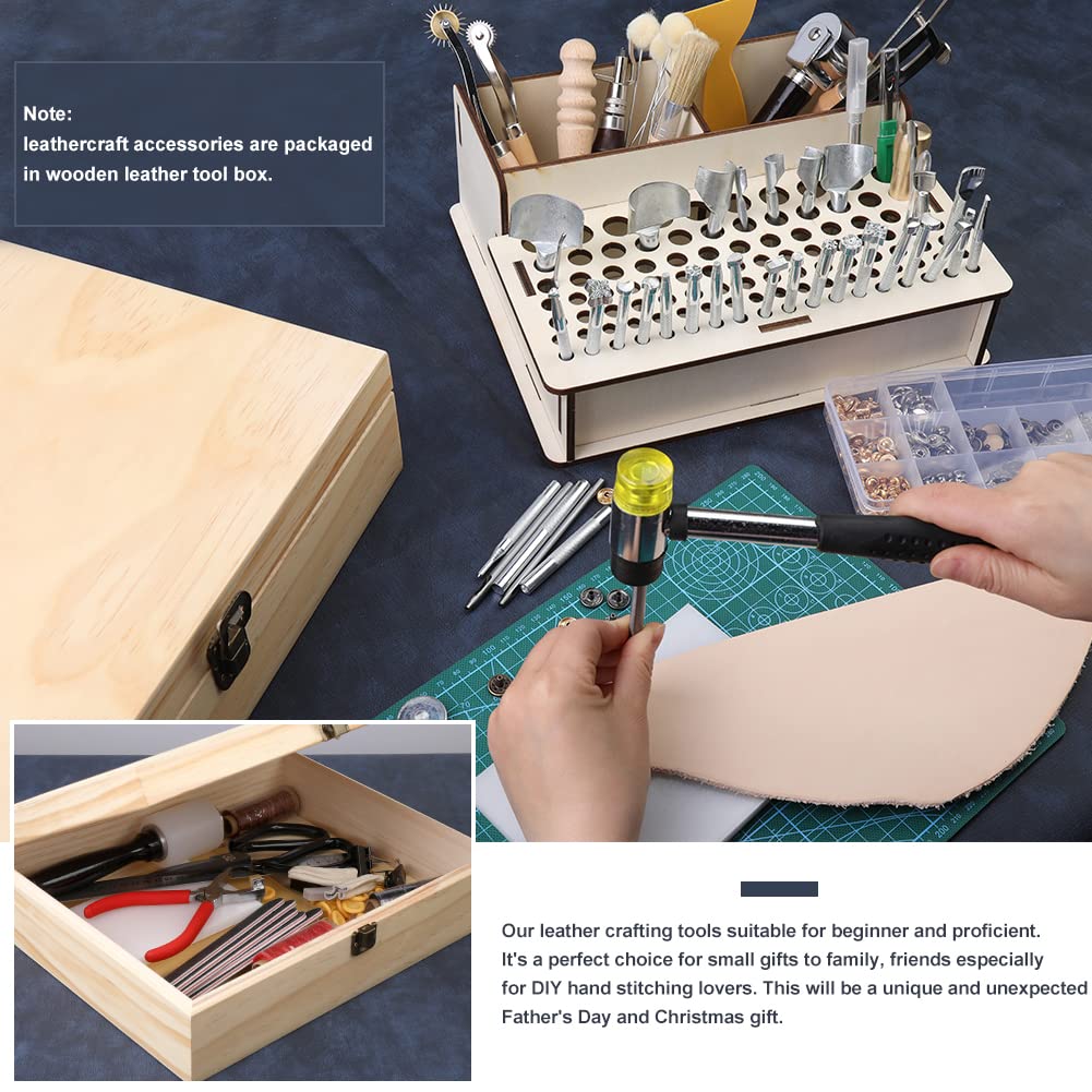  FifthQuarter Leather Tooling Kit: 58 Pcs Essential Leather  Working Tools and Supplies for Starter with Guide Leather Craft Tool Kits  with Organizer for Stamping, Cutting, Stitching