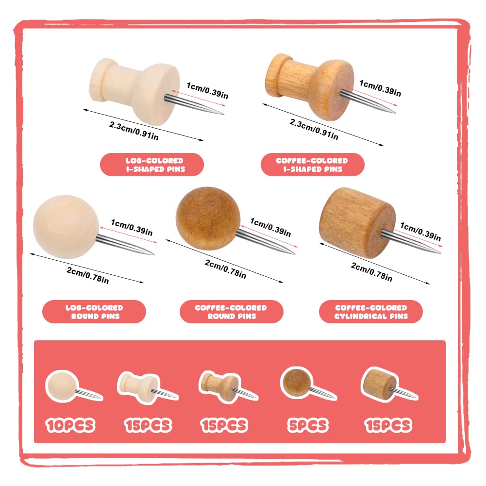 60 PCS Wooden Push Pins