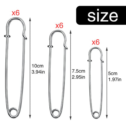 18Pcs Assorted (3.94", 2.95", 1.97") Heavy Duty Large Safety Pins