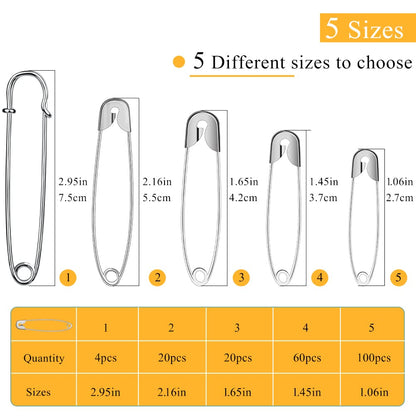 204Pcs Safety Pins, Blanket Pins,Assorted (1.06, 1.45,  1.65,2.16'',2.95'')